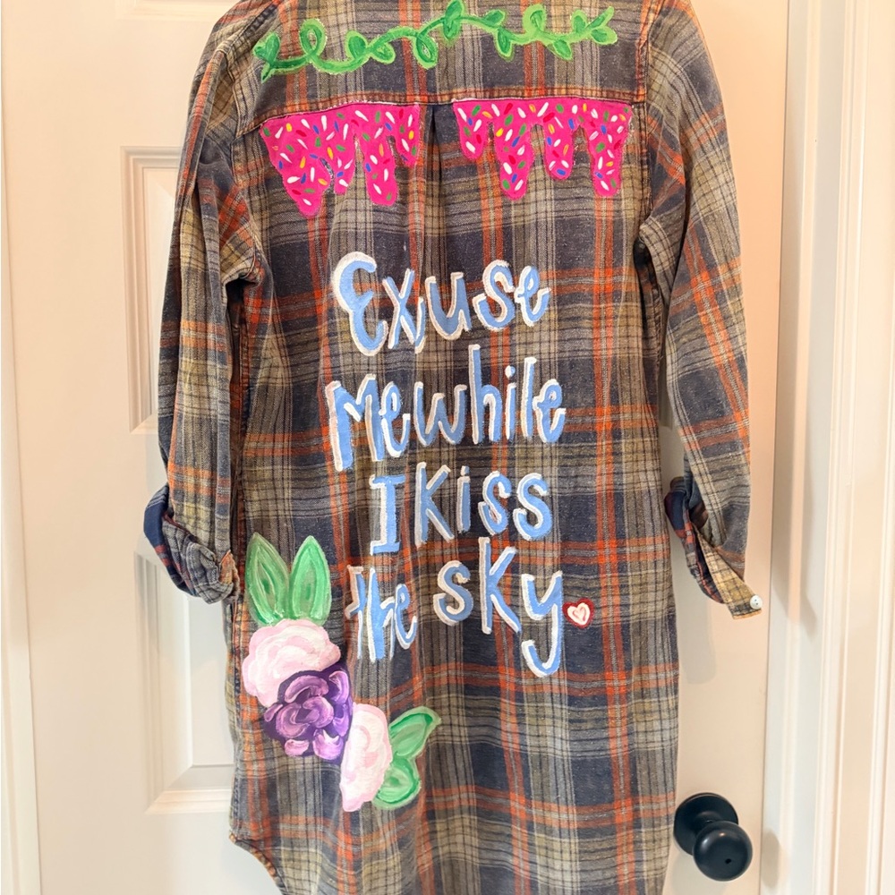 Hand-Painted Plaid Girls' Flannel in Blue and Orange